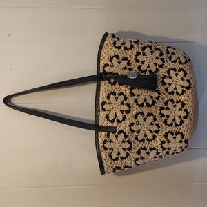 Patricia Nash Marconia Woven Straw and Floral Crochet Tote Handbag